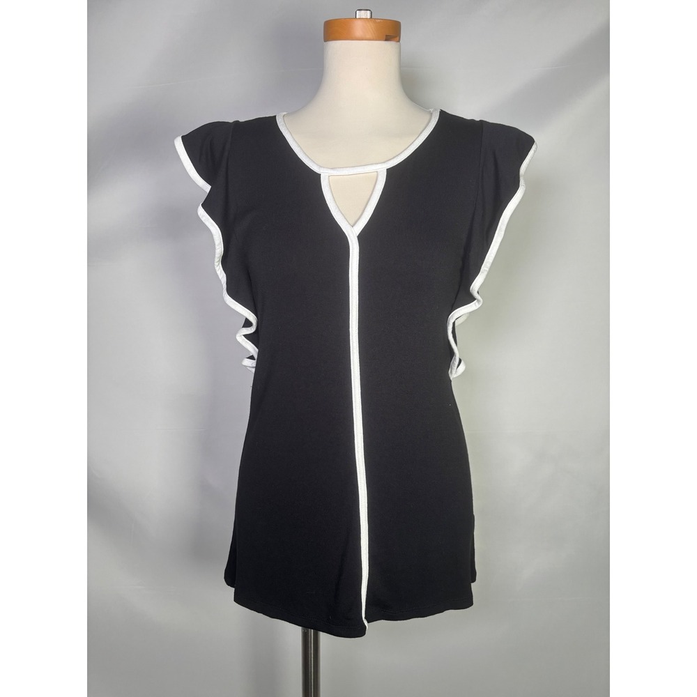 Bobeau Womens Small Black White Keyhole Ruffle Sleeveless Top MT77131961MX